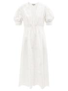 Ladies Rtw Ganni - Puff-sleeve Broderie-anglaise Organic-cotton Dress - Womens - White