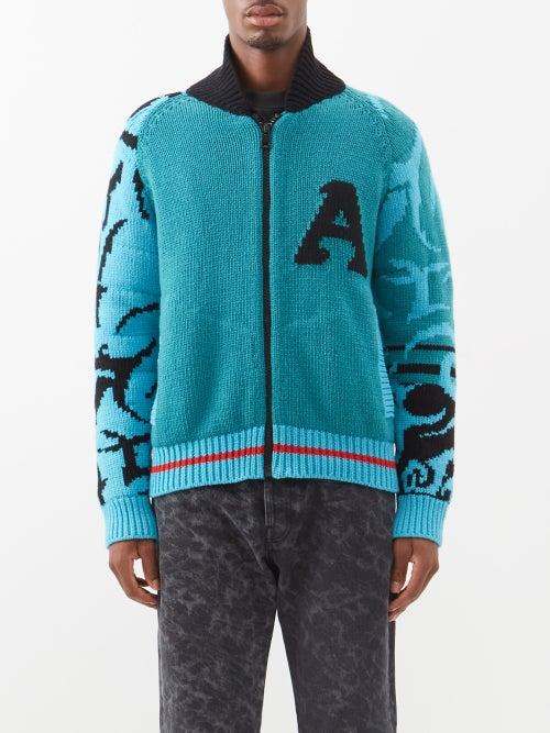 Aries - Hell Witch-jacquard Recycled Wool-blend Cardigan - Mens - Light Blue