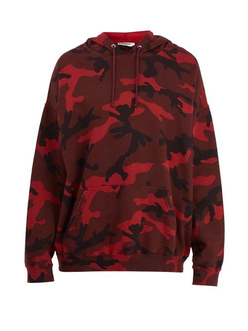 Matchesfashion.com Valentino - Camouflage Print Cotton Blend Hooded Sweatshirt - Mens - Red