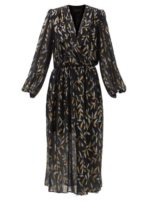 Matchesfashion.com Dundas - Metallic Leaf-embroidered Silk-blend Chiffon Dress - Womens - Black Gold