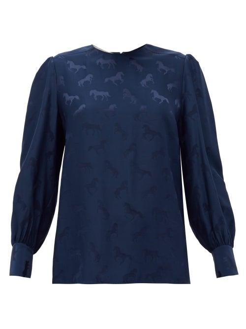 Matchesfashion.com Stella Mccartney - Horse-jacquard Silk-blend Blouse - Womens - Navy