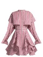 Matchesfashion.com Alexander Mcqueen - Ruffled Striped Cotton Poplin Mini Dress - Womens - Burgundy Stripe