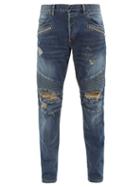 Matchesfashion.com Balmain - Distressed Straight Leg Biker Jeans - Mens - Blue