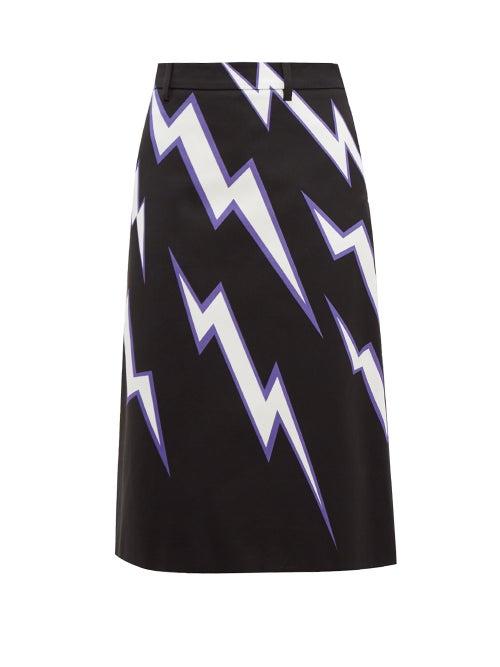 Matchesfashion.com Prada - Lightning Bolt Print Cotton Poplin Skirt - Womens - Black Multi