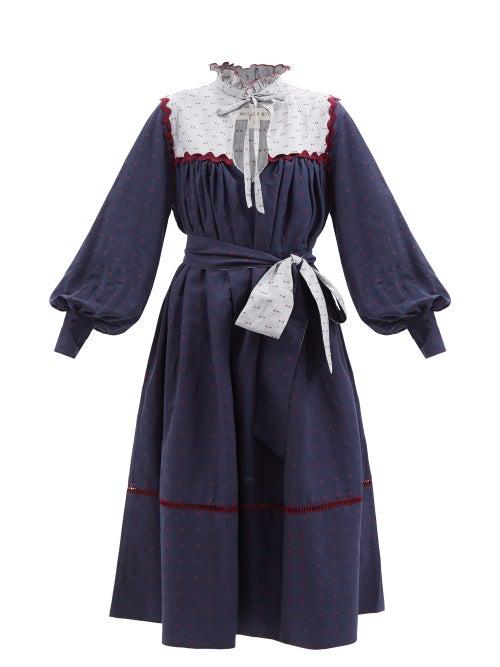 Wiggy Kit - Belted Fil Coup-bib Cotton-blend Midi Dress - Womens - Navy
