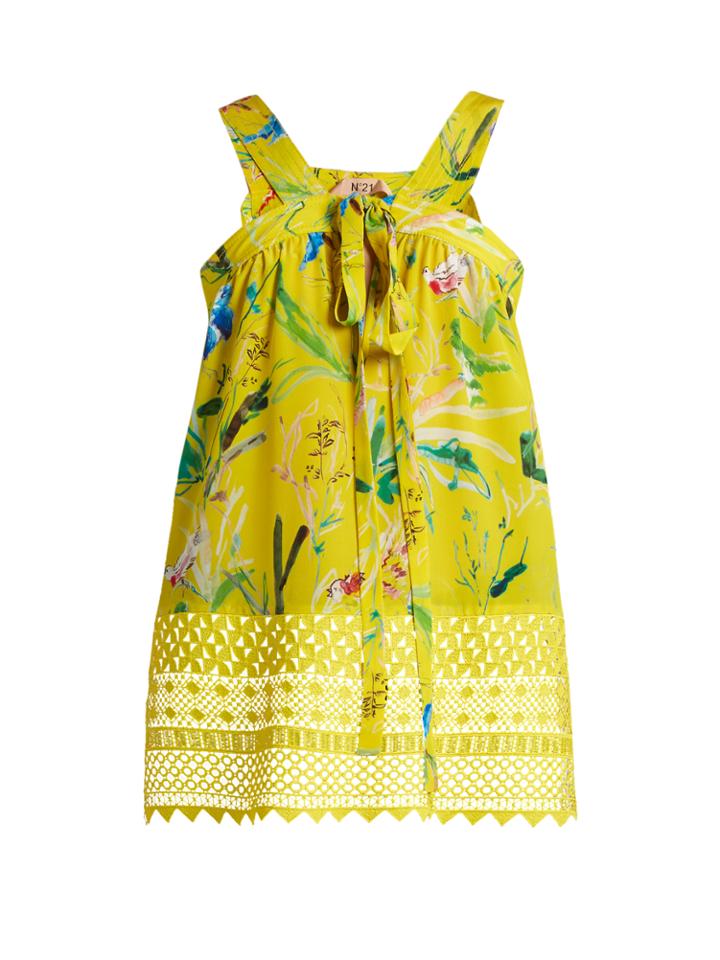 No. 21 Lace-hem Bird-print Silk Top