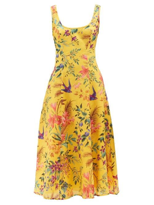 Zimmermann - Tropicana Printed-linen Midi Dress - Womens - Yellow Print
