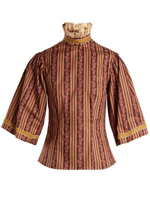 Matchesfashion.com Batsheva - Ruffled Neck Floral Print Cotton Blouse - Womens - Brown Multi