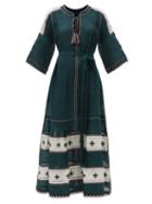 Vita Kin - Salma Tie-waist Embroidered Linen Dress - Womens - Green Multi