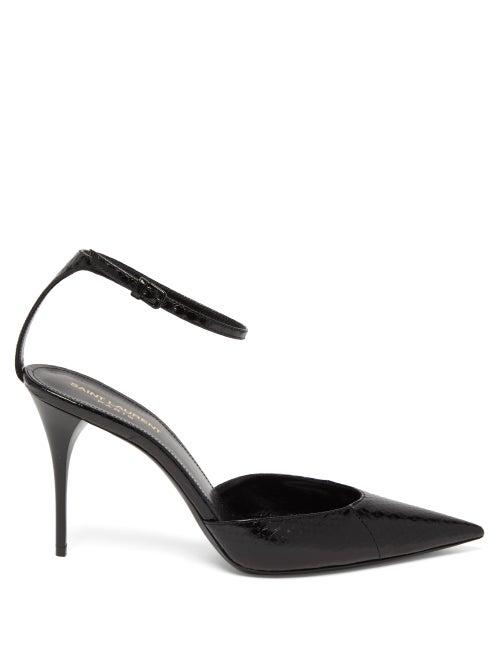 Matchesfashion.com Saint Laurent - Lexi Point-toe Snakeskin-embossed Leather Pumps - Womens - Black