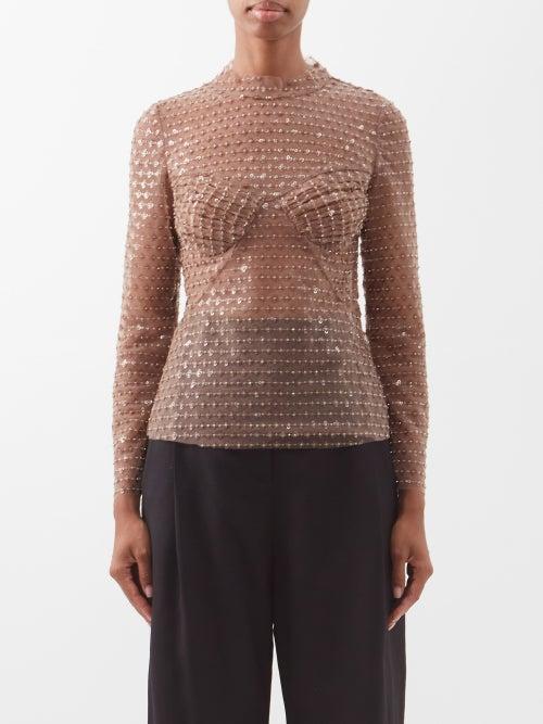 Self-portrait - Dot Sequin-embellished Mesh Top - Womens - Brown