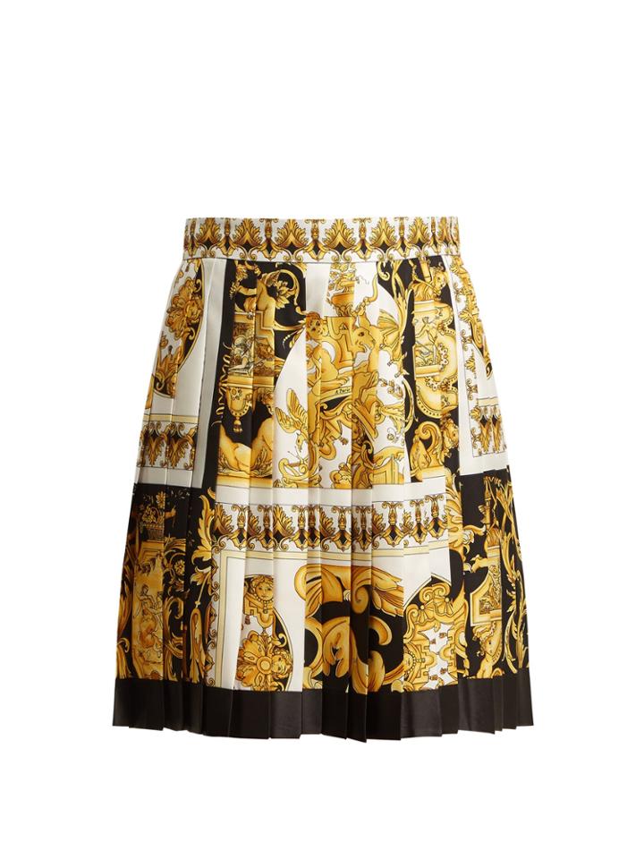 Versace Baroque-print Pleated Silk Skirt