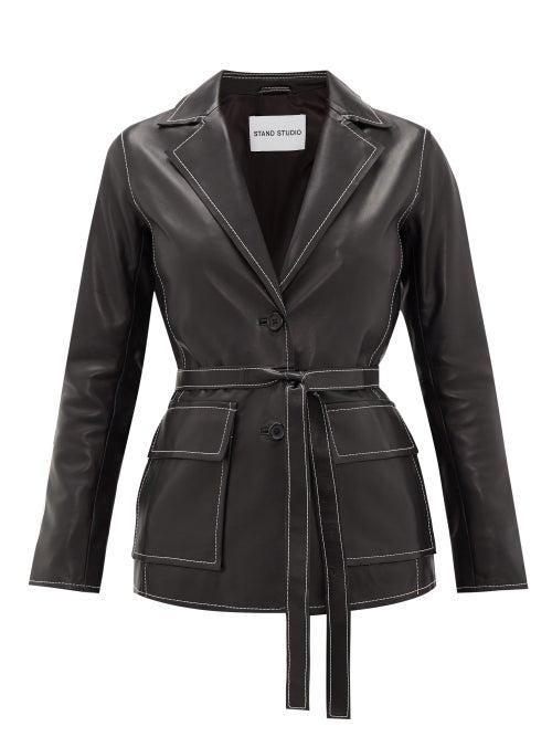 Matchesfashion.com Stand Studio - Ariana Belted Topstitched-leather Jacket - Womens - Black