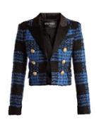 Balmain Tweed-checked Satin-lapel Cropped Jacket