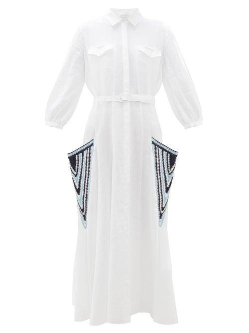 Matchesfashion.com Gabriela Hearst - Woodward Crochet Pocket Aloe Linen Shirtdress - Womens - White Multi
