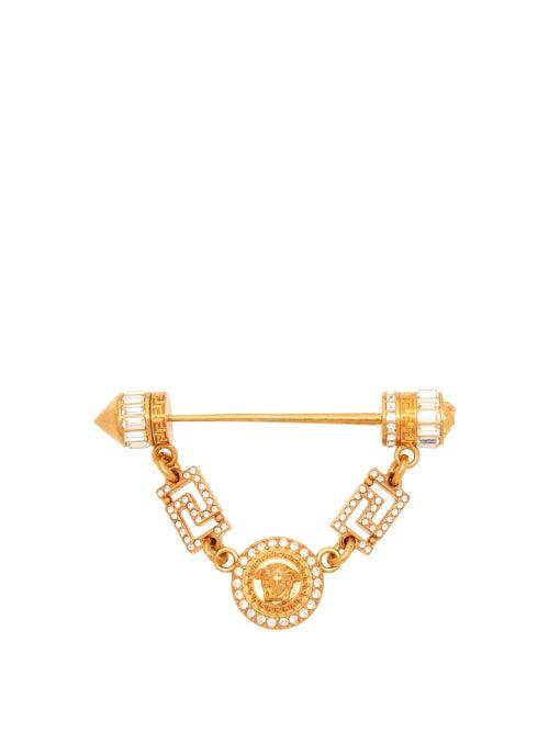 Matchesfashion.com Versace - Crystal Embellished Medusa Head Coin Brooch - Womens - Gold