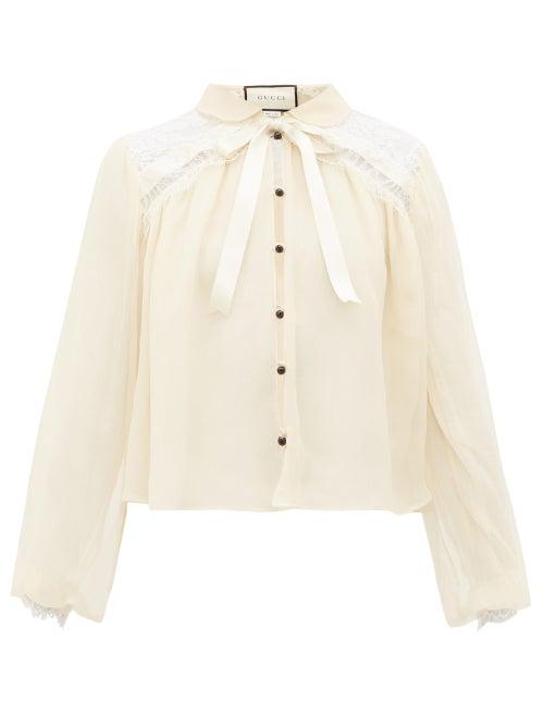 Matchesfashion.com Gucci - Chantilly Lace And Silk Chiffon Blouse - Womens - Ivory