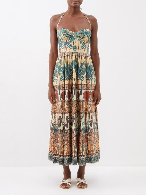 Emporio Sirenuse - Johanna Coptic Dancer Cotton Midi Dress - Womens - Green Print