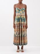 Emporio Sirenuse - Johanna Coptic Dancer Cotton Midi Dress - Womens - Green Print