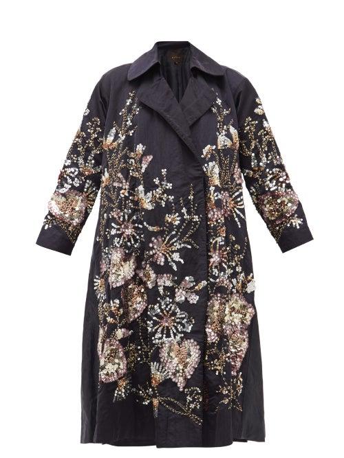 Matchesfashion.com Biyan - Ramora Sequinned And Beaded Linen-blend Coat - Womens - Navy Multi