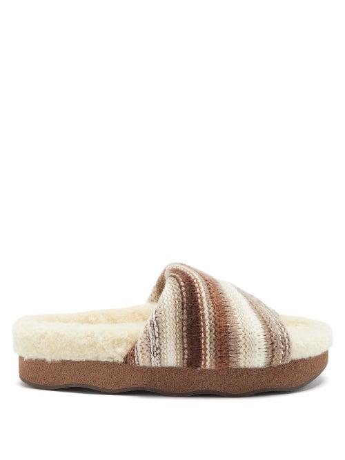 Chlo - Wavy Striped Shearling-lined Cashmere-knit Slides - Womens - Brown