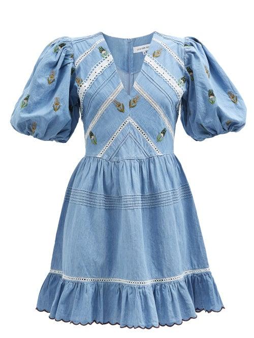 Lug Von Siga - Emma Floral-embroidered Denim Mini Dress - Womens - Denim