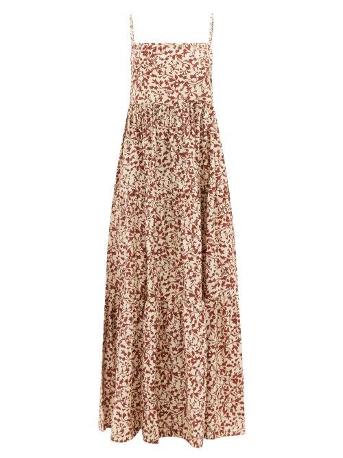 Matteau - Scoop-back Floral Organic-cotton Poplin Maxi Dress - Womens - Brown Beige