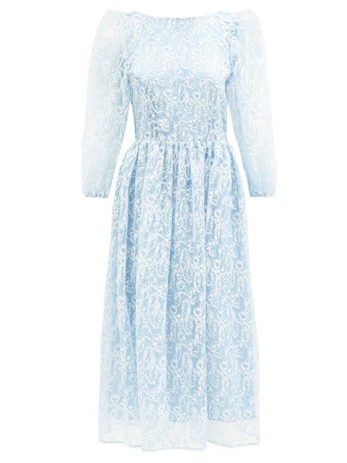 Matchesfashion.com Shrimps - Fredrick Face-embroidered Bow-trim Organza Dress - Womens - Light Blue