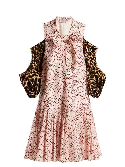 Matchesfashion.com Jw Anderson - Leopard Print Sleeve Polka Dot Dress - Womens - Pink Multi