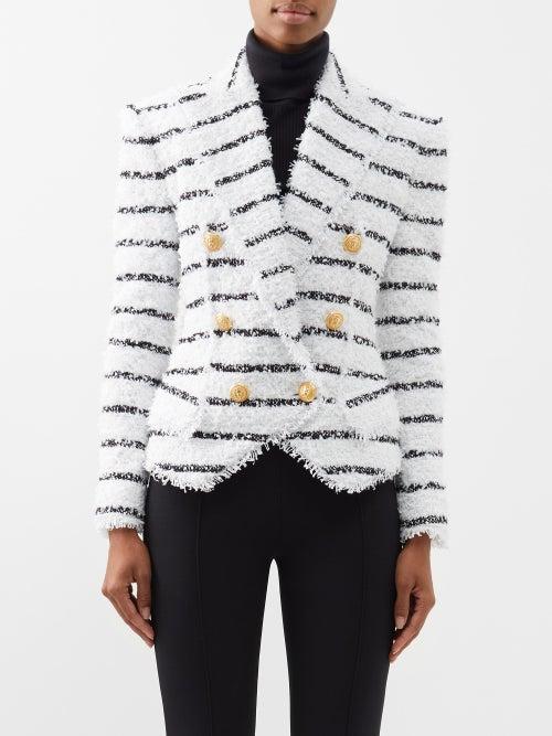 Balmain - Striped Double-breasted Tweed Blazer - Womens - White Black Multi