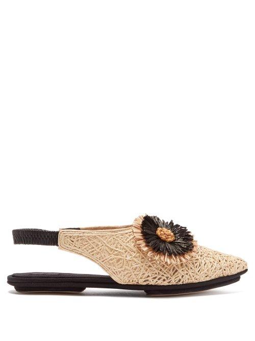 Matchesfashion.com Sanayi 313 - Salerno Floral Appliqu Raffia Slingback Flats - Womens - Black Cream
