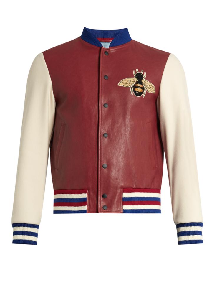 Gucci Contrast-sleeve Leather Bomber Jacket