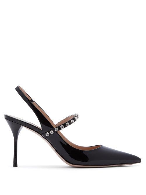 Matchesfashion.com Miu Miu - Crystal Strap Patent Leather Slingback Pumps - Womens - Black