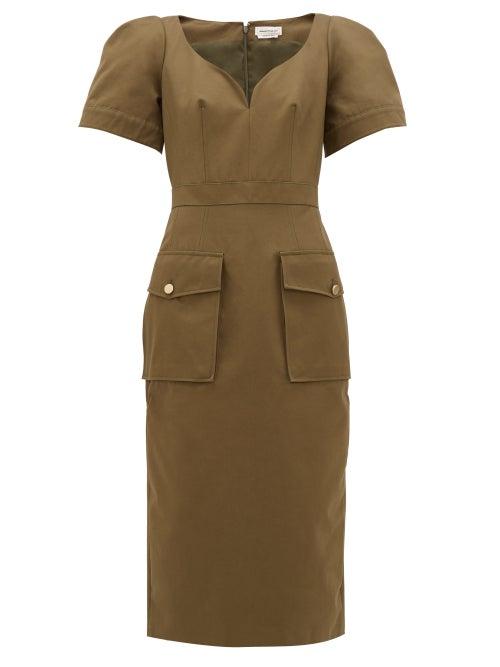 Matchesfashion.com Alexander Mcqueen - Sweetheart-neckline Cotton-canvas Midi Dress - Womens - Khaki