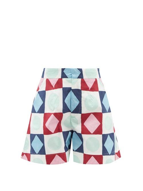 Ladies Beachwear La Doublej - Good Butt Geometric-print Cotton-poplin Shorts - Womens - Burgundy Print