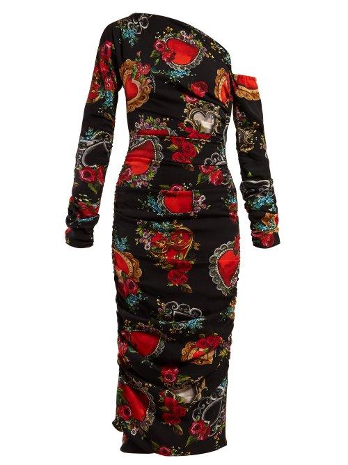 Matchesfashion.com Dolce & Gabbana - Secret Hearts Print Ruched Crepe Midi Dress - Womens - Black Multi