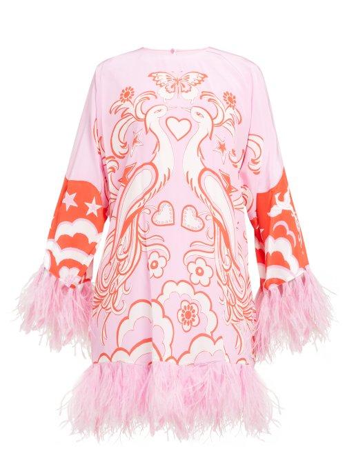 Matchesfashion.com Valentino - Peacock Print Feather Trimmed Silk Dress - Womens - Pink Multi