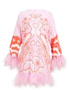 Matchesfashion.com Valentino - Peacock Print Feather Trimmed Silk Dress - Womens - Pink Multi