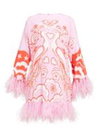 Matchesfashion.com Valentino - Peacock Print Feather Trimmed Silk Dress - Womens - Pink Multi