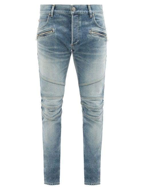 Matchesfashion.com Balmain - Logo-embossed Panelled Slim-leg Jeans - Mens - Blue