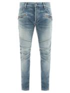Matchesfashion.com Balmain - Logo-embossed Panelled Slim-leg Jeans - Mens - Blue