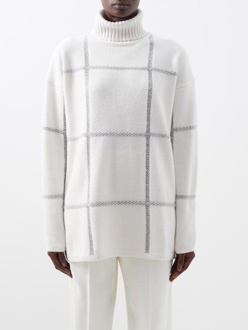 Joseph - Roll-neck Check Merino Sweater - Womens - Ivory Multi