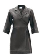 Matchesfashion.com Ganni - Cropped-sleeve Leather Wrap Dress - Womens - Black