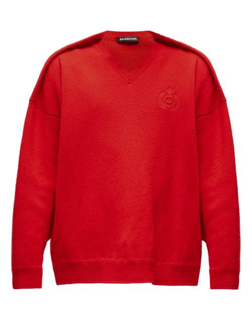 Matchesfashion.com Balenciaga - Embroidered Crest Logo Sweater - Mens - Red