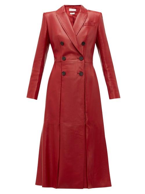 Matchesfashion.com Alexander Mcqueen - Double Breasted Fluted Hem Leather Coat - Womens - Dark Red