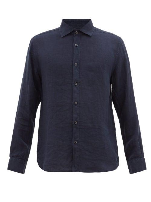 Matchesfashion.com 120% Lino - Spread-collar Slubbed-linen Poplin Shirt - Mens - Navy