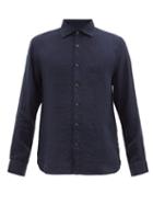Matchesfashion.com 120% Lino - Spread-collar Slubbed-linen Poplin Shirt - Mens - Navy