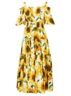 Matchesfashion.com Dolce & Gabbana - Sunflower Print Tiered Cotton Poplin Midi Dress - Womens - Yellow Multi