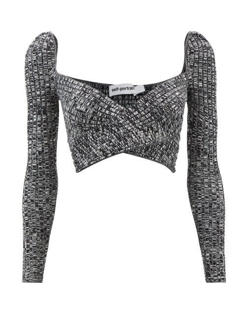 Self-portrait - Crossover-front Ribbed-knit Cropped Top - Womens - Black White