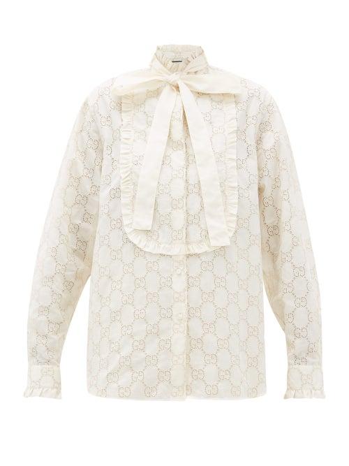 Matchesfashion.com Gucci - Gg Broderie Anglaise Cotton Blend Shirt - Womens - White Gold